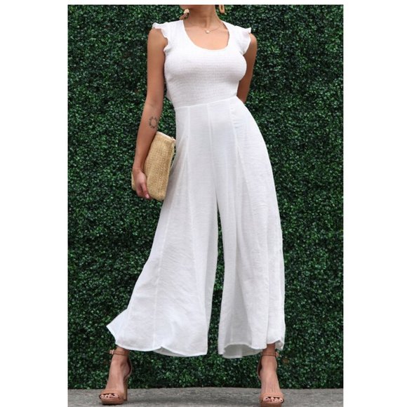 White Bohemian Lace Up Back Wide Leg Palazzo Jumpsuit Pantsuit Jumper - Picture 2 of 5